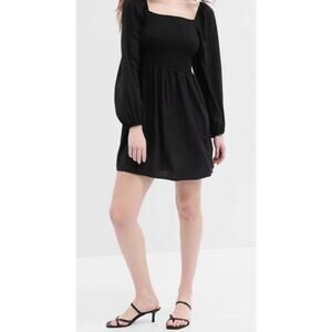Gap Mini Dress Black Medium Long Sleeve Square Neck Smocked Viscose Fall Winter